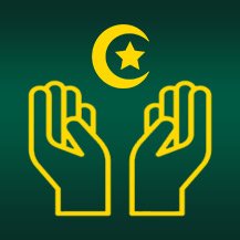 Hands raised in dua with crescent moon symbol for protection.