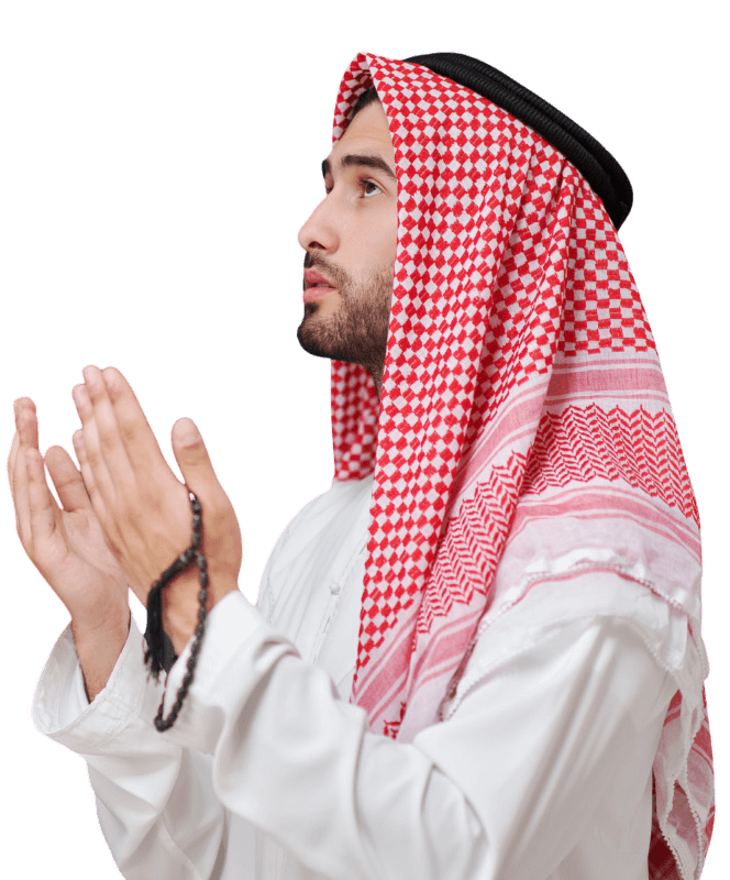 Muslim man in traditional attire praying with hands raised.
