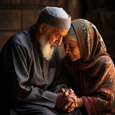 Elderly Muslim couple praying together showing faith, love, and lifelong companionship.