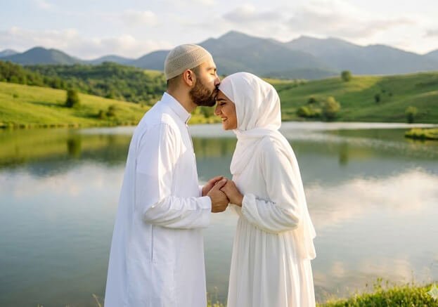 Muslim bride and groom holding hands outdoors symbolizing halal marriage and love.