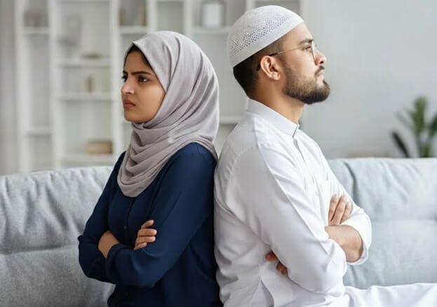 Muslim husband and wife standing back to back showing relationship misunderstanding or conflict.