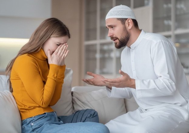 Husband and wife having relationship discussion at home showing marital conflict and emotional stress.