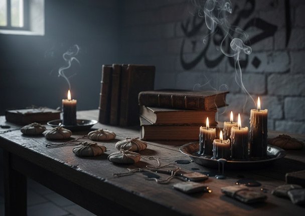 Spiritual ritual setup with burning candles, Quran, and Islamic calligraphy in background.