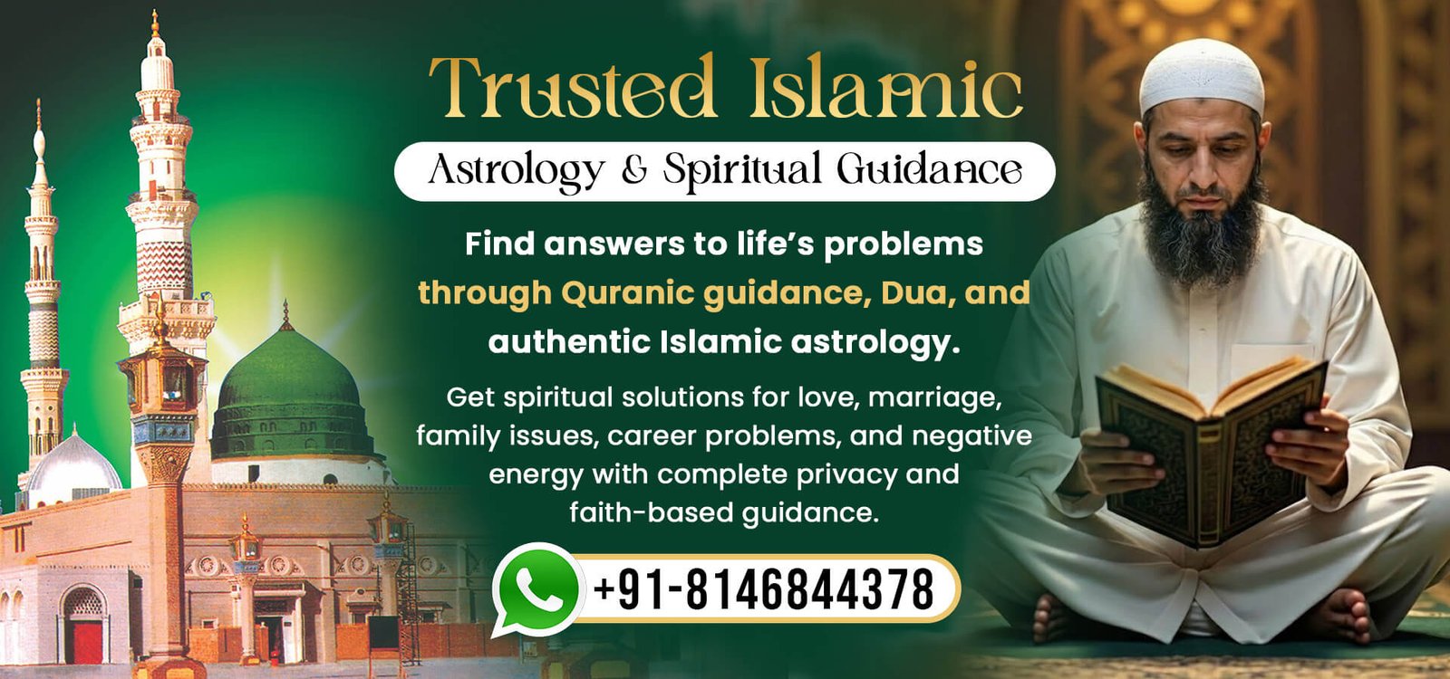 Trusted Islamic astrology and spiritual guidance banner with contact number.